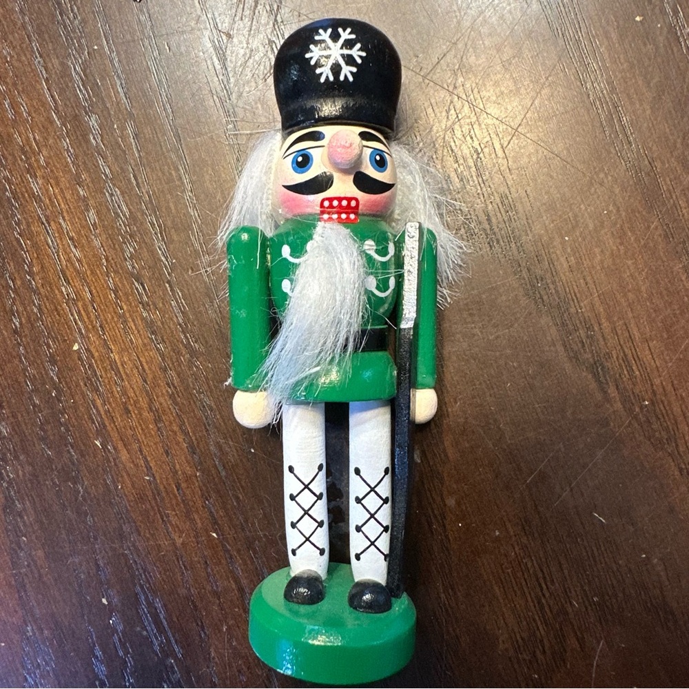 Small Vintage Wooden Nutcracker Soldier Green & White Tall Christmas RARE HTF